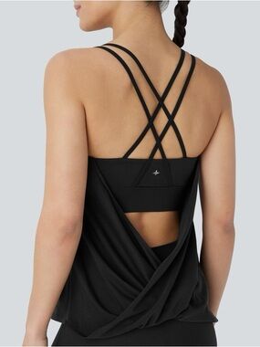 Halara Crisscross Backless Double Straps Pleated Quick Dry Yoga Cami Top Black